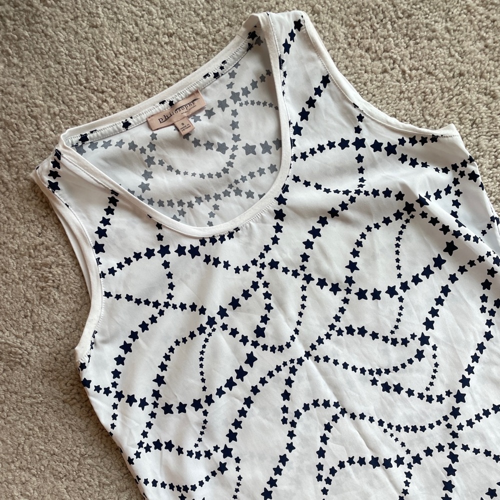 Philosophy White & Navy Blue Stars Sleeveless Top Size Small Flowy High Low